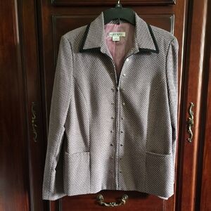 Size 14 RAFAEL Black and Lavender Blazer Classic Suit Jacket Zip Front, Pockets